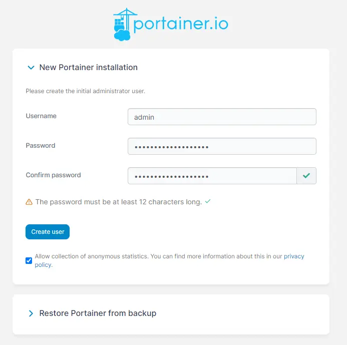 First Setup User Portainer Server