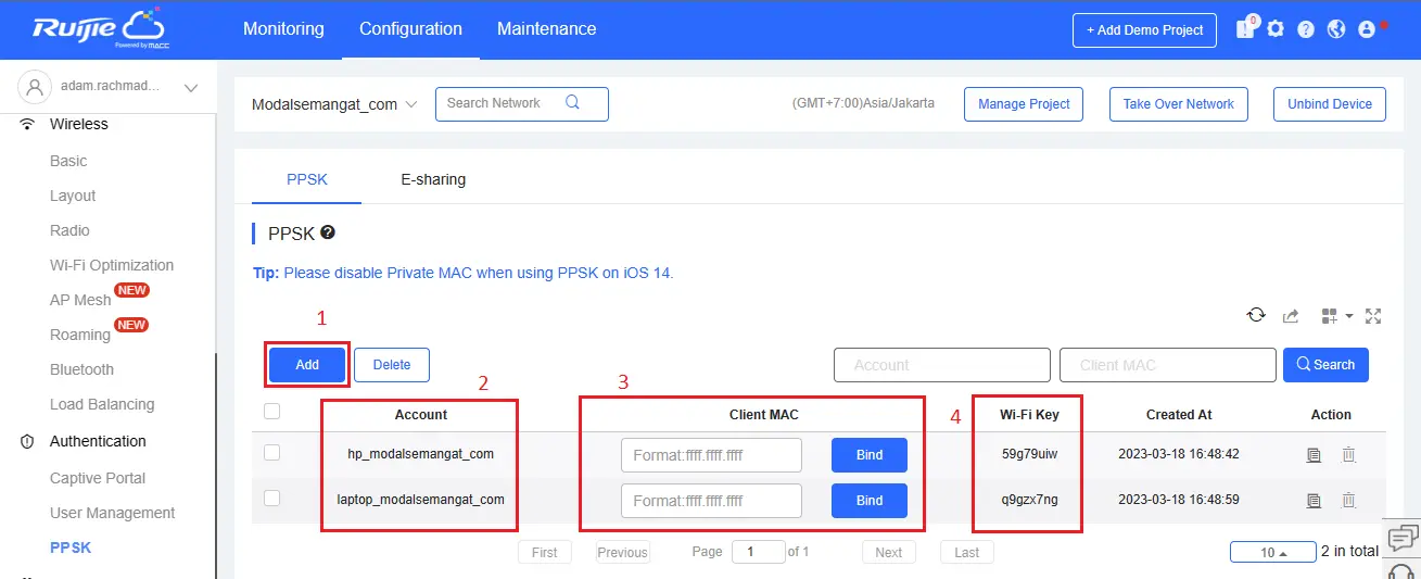 Cara Setting Password WiFi Dengan PPSK Ruijie 2 Create User PPSK Ruijie