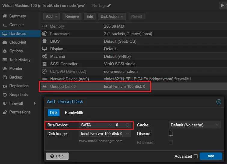 VM MikroTik CHR Proxmox - Attach Disk