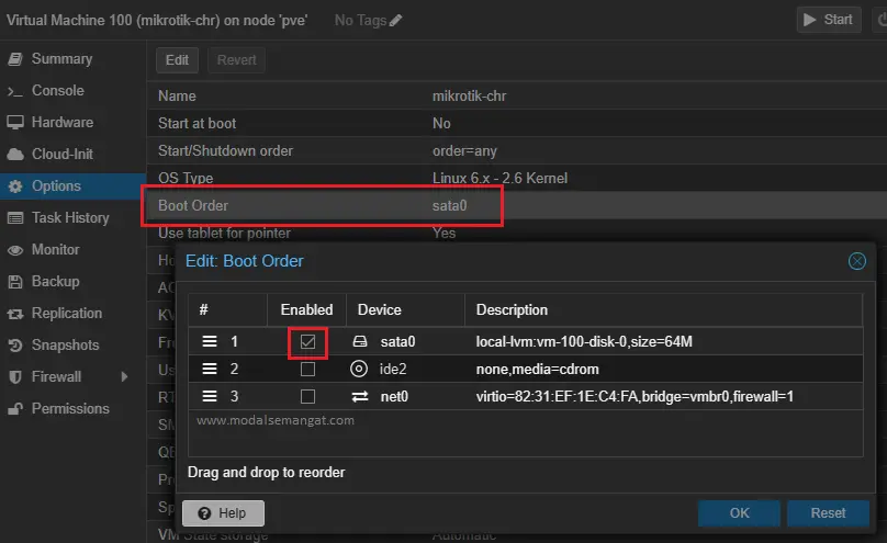 VM MikroTik CHR Proxmox - Boot Order
