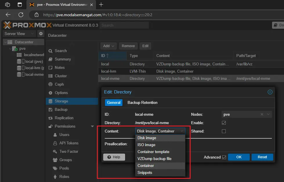 PVE Content Storage List