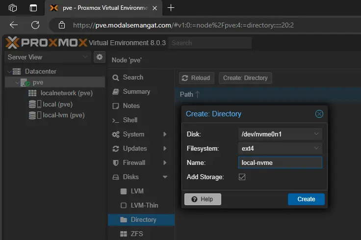 Create New Proxmox Storage dengan Directory EXT4