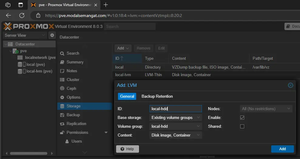 Add Proxmox LVM Storage 