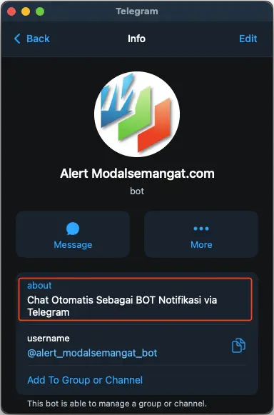 Informasi About/Tentang Akun BOT Telegram