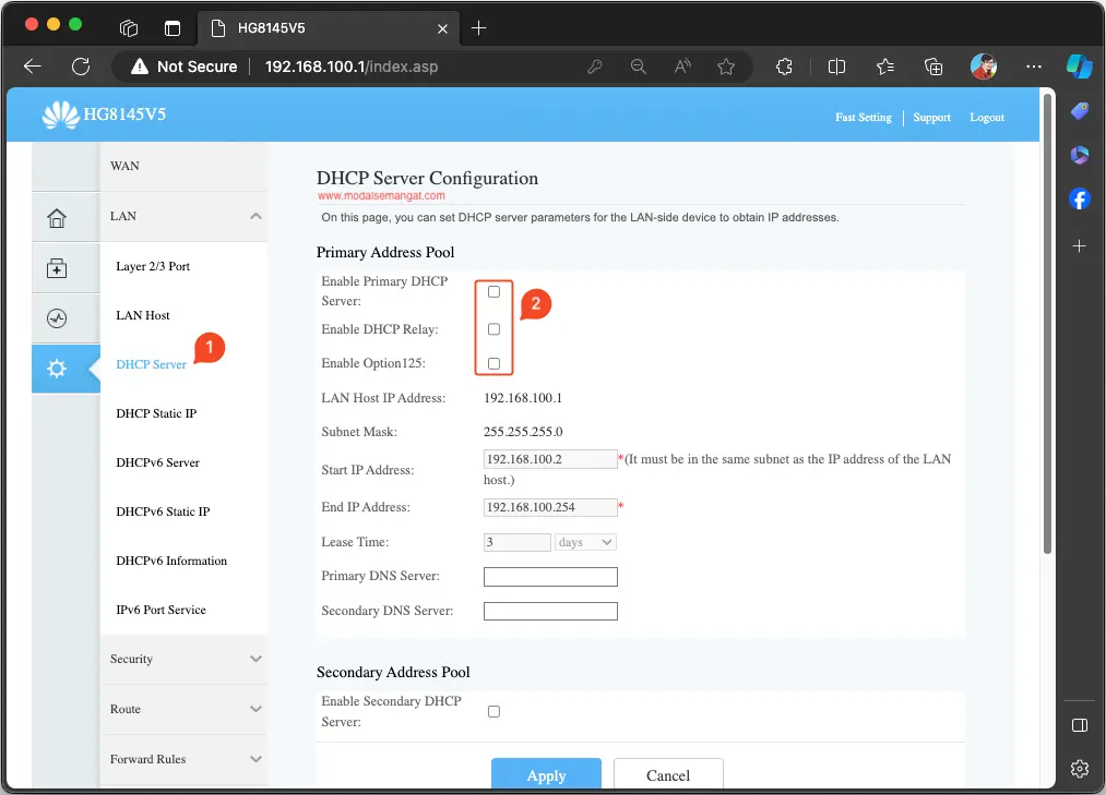 Disable DHCP Server Huawei HG8145V5