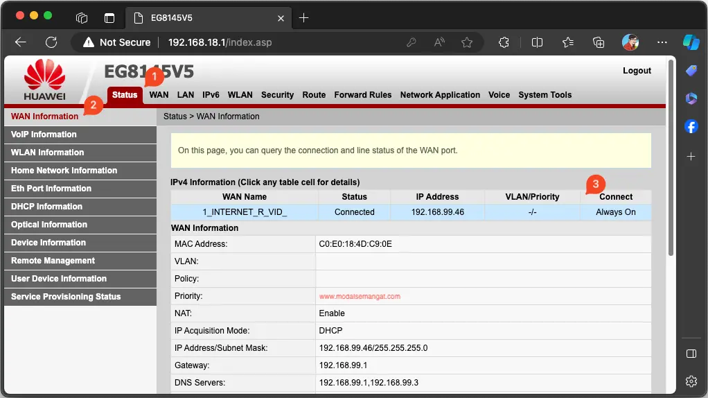 DHCP Client Port WAN ONT Huawei EG8145V5