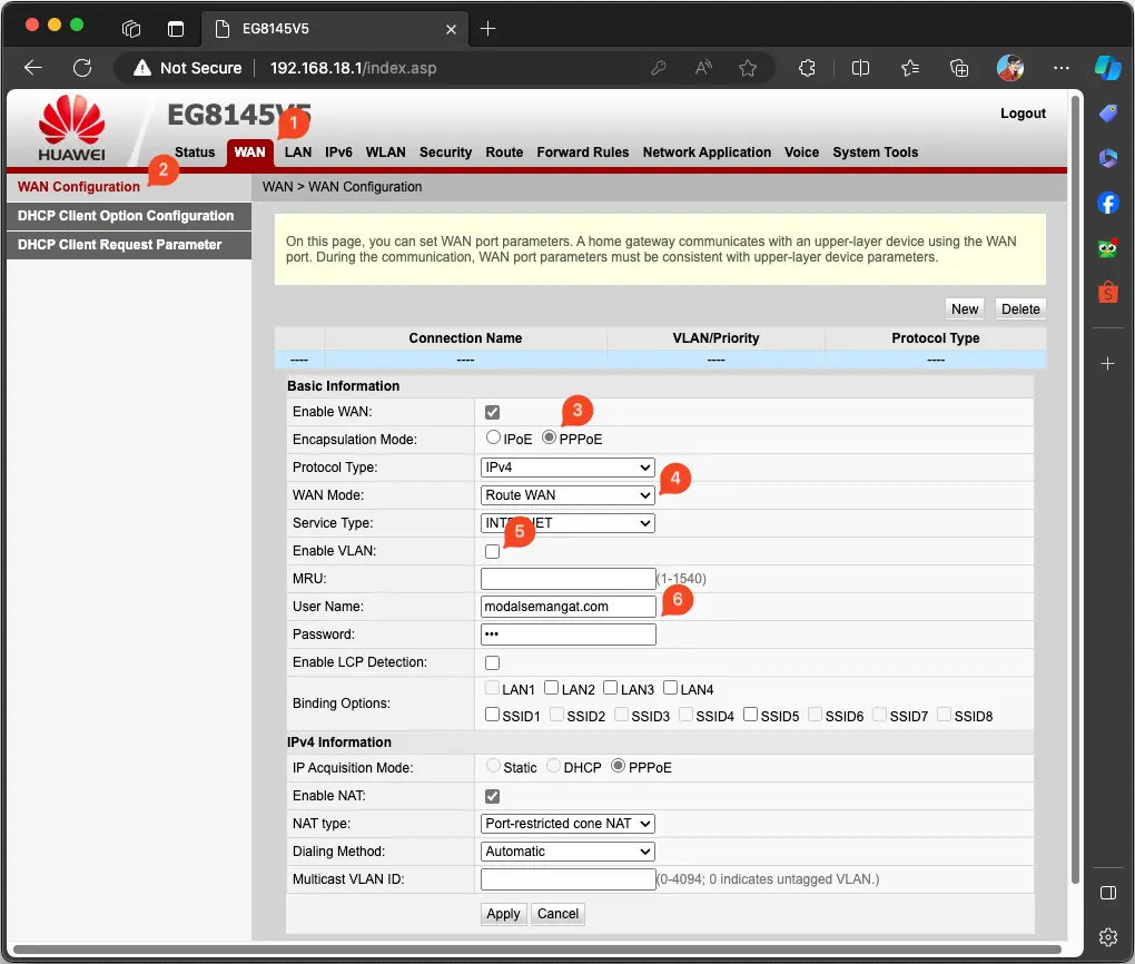 Setting PPPoE Client di Modem ONT tanpa OLT.