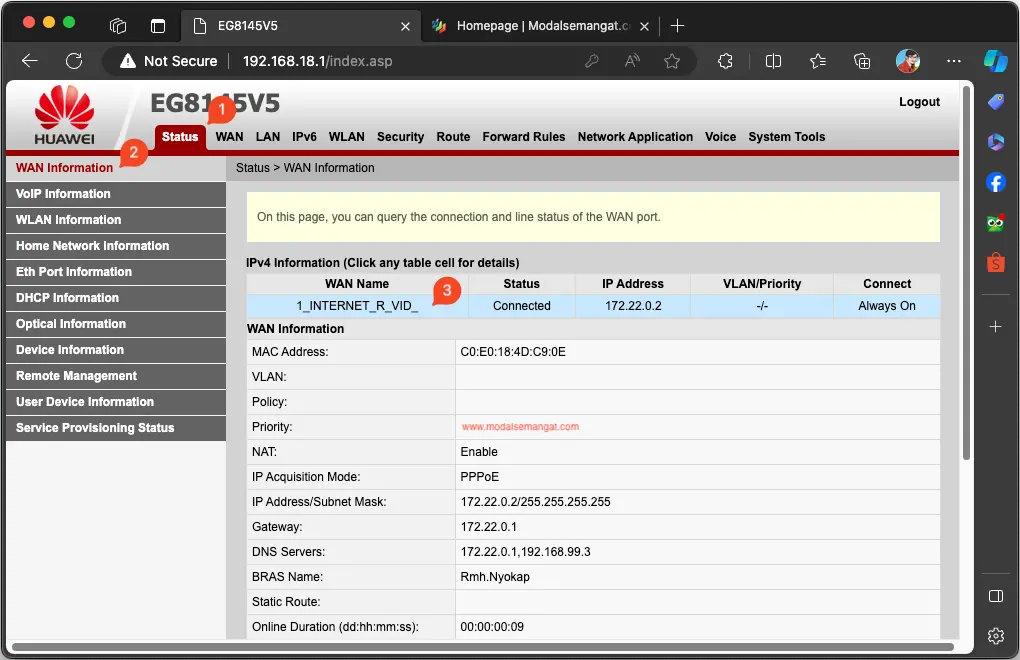 PPPoE Client Status Modem ONT Huawei EG8145V5