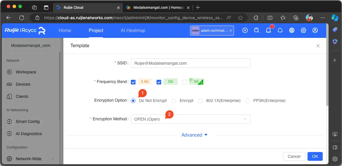 Setting No Password WiFi Ruijie Cloud