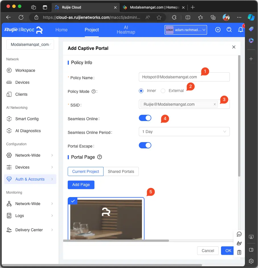 Setting Hotspot Captive Portal Ruijie Cloud