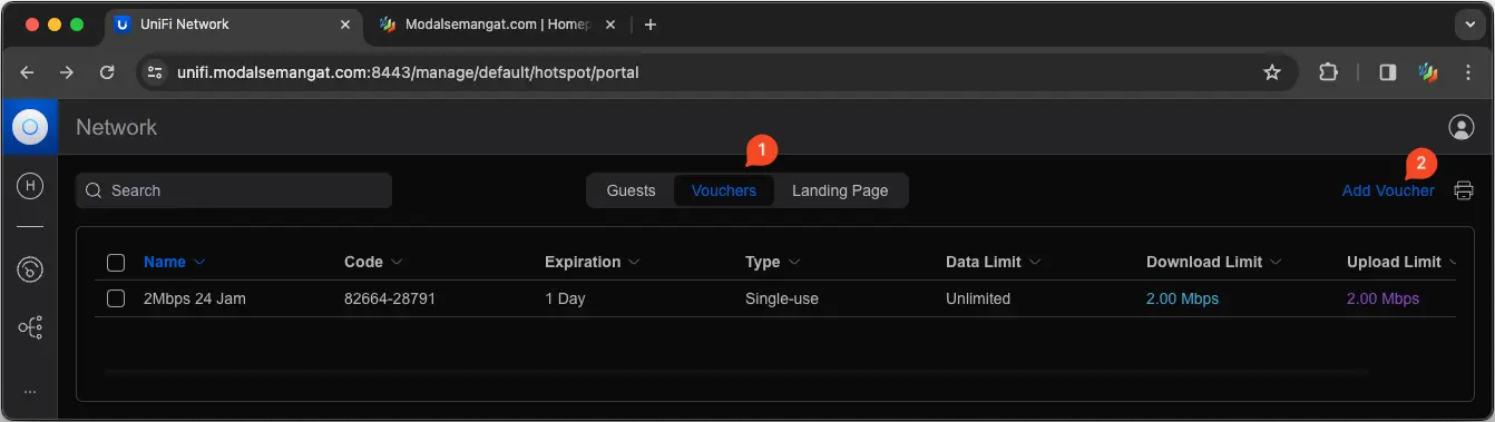 Membuat kode voucher hotspot UniFi