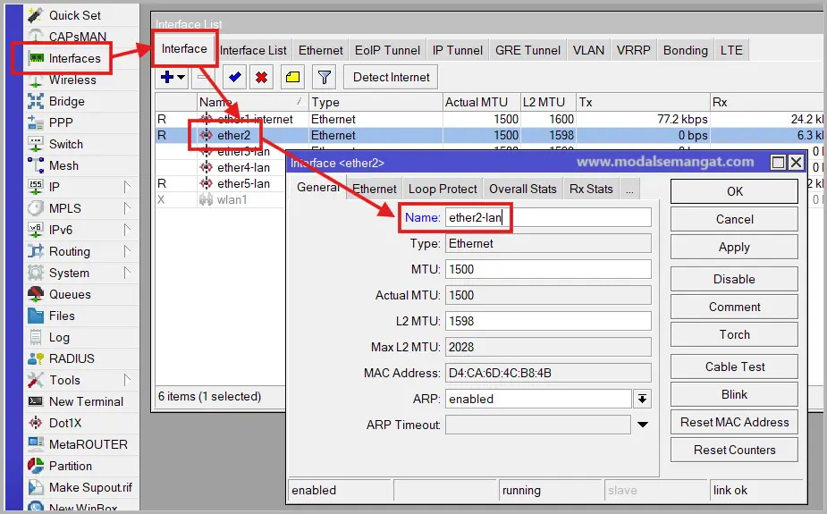 Cara Mengganti nama interface ether port di mikrotik Cara Mengganti nama interface ether port di mikrotik
